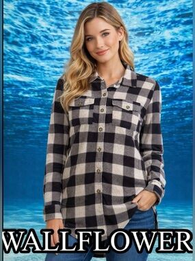❄️ WALLFLOWER Buffalo Plaid Flannel Shirt Black White Button Down size Large